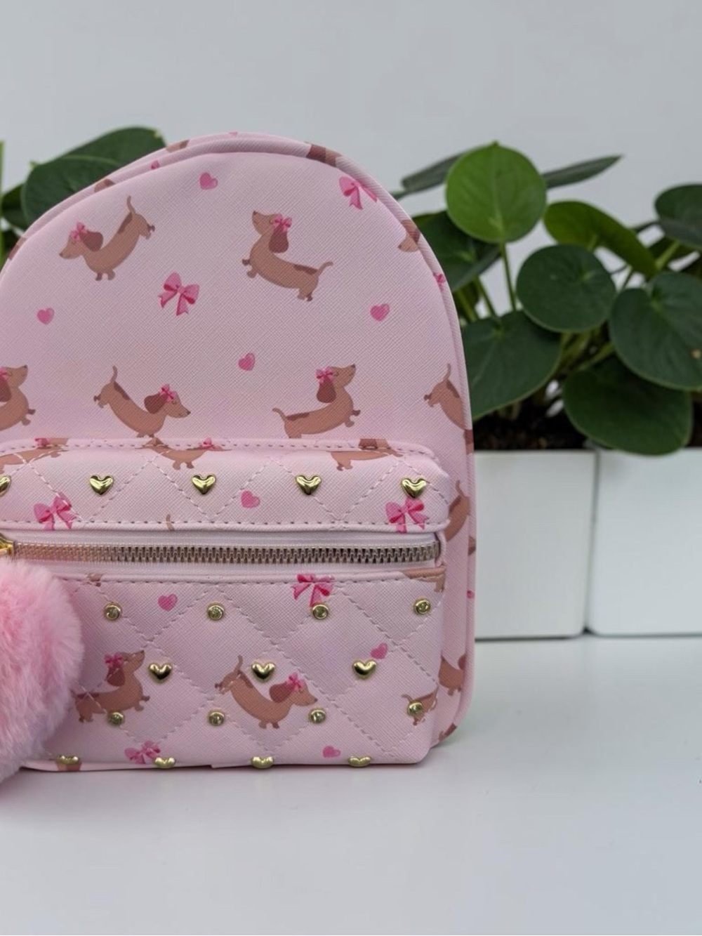 Under One Sky Pink Dachshund Print Mini Backpack with Gold Hearts